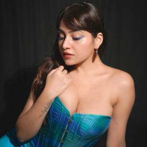 Actress Simran Kaur Glamorous Portrait in Teal Corset | Bold Makeup & Fashion Photography