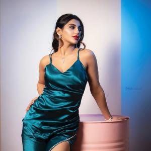 Actress Yashika Anand Slays in Teal Satin Gown | Latest Photos