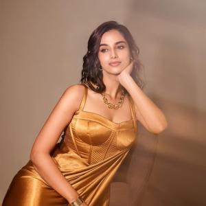 Actress Meenakshi Chaudhary Turns Heads in Golden Gown | Glamorous Look