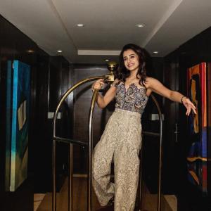 Trisha Stuns in Embroidered Corset Jumpsuit with Elegant Printed Pants