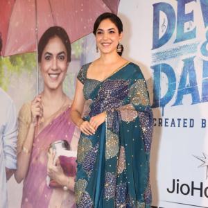 Ritu Varma Looks Elegant in Teal Embroidered Saree at Red Carpet Event