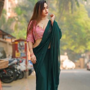 Actress Prajakta Dusane Stuns in Green Saree and Pink Embroidered Blouse | Ethnic Fashion Goals