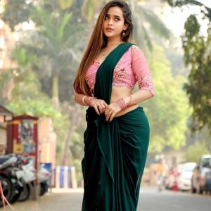 Actress Prajakta Dusane Stuns in Green Saree and Pink Embroidered Blouse | Ethnic Fashion Goals
