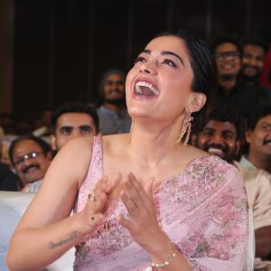 Actress Rashmika Mandanna Glows in Pink Floral Saree at Elegant Event