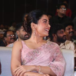 Actress Rashmika Mandanna Glows in Pink Floral Saree at Elegant Event