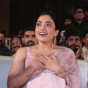 Actress Rashmika Mandanna Glows in Pink Floral Saree at Elegant Event