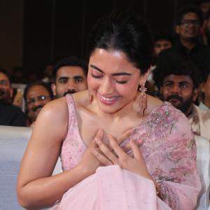 Actress Rashmika Mandanna Glows in Pink Floral Saree at Elegant Event