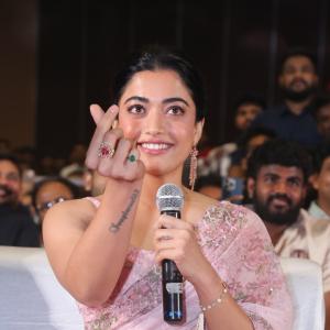 Actress Rashmika Mandanna Glows in Pink Floral Saree at Elegant Event