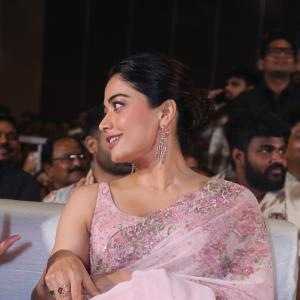Actress Rashmika Mandanna Glows in Pink Floral Saree at Elegant Event