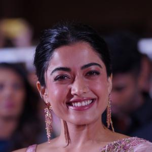 Actress Rashmika Mandanna Glows in Pink Floral Saree at Elegant Event