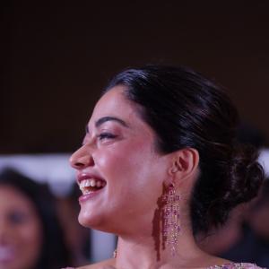 Actress Rashmika Mandanna Glows in Pink Floral Saree at Elegant Event