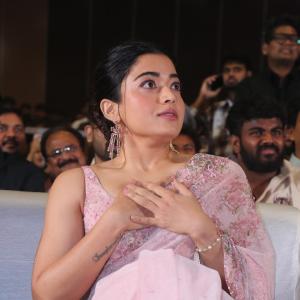 Actress Rashmika Mandanna Glows in Pink Floral Saree at Elegant Event