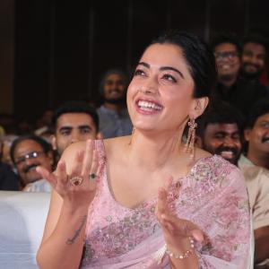 Actress Rashmika Mandanna Glows in Pink Floral Saree at Elegant Event