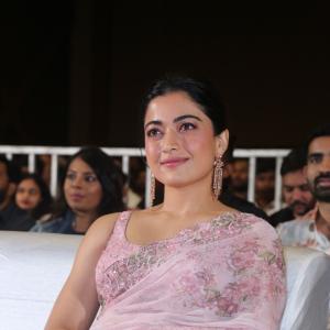 Actress Rashmika Mandanna Glows in Pink Floral Saree at Elegant Event