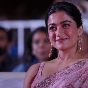 Actress Rashmika Mandanna Glows in Pink Floral Saree at Elegant Event