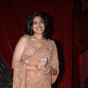 Actress Faria Abdullah Shines in Embellished Peach Saree at Red Carpet Event