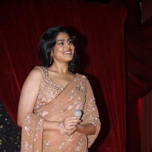 Actress Faria Abdullah Shines in Embellished Peach Saree at Red Carpet Event