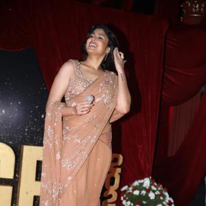 Actress Faria Abdullah Shines in Embellished Peach Saree at Red Carpet Event
