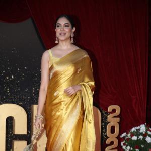 Actress Ritu Varma Shines in Golden Silk Saree at 2024 Red Carpet Event