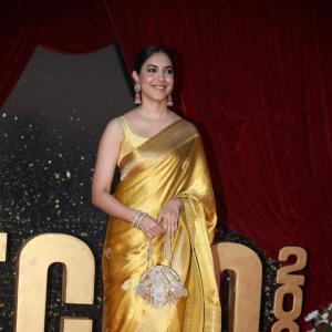 Actress Ritu Varma Shines in Golden Silk Saree at 2024 Red Carpet Event