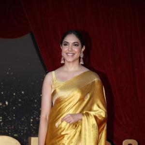 Actress Ritu Varma Shines in Golden Silk Saree at 2024 Red Carpet Event