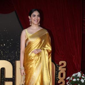 Actress Ritu Varma Shines in Golden Silk Saree at 2024 Red Carpet Event