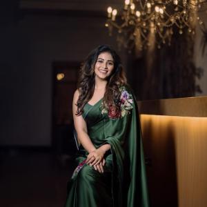 Anjali in Elegant Green Satin Saree with Floral Embroidery | Stunning Actress Look