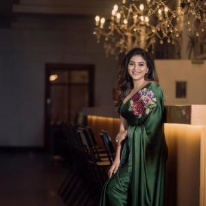 Anjali in Elegant Green Satin Saree with Floral Embroidery | Stunning Actress Look