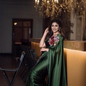 Anjali in Elegant Green Satin Saree with Floral Embroidery | Stunning Actress Look
