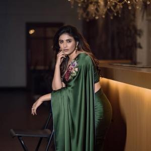 Anjali in Elegant Green Satin Saree with Floral Embroidery | Stunning Actress Look