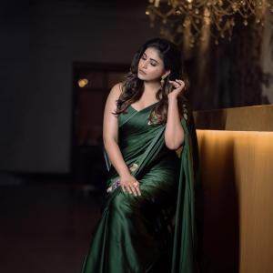 Anjali in Elegant Green Satin Saree with Floral Embroidery | Stunning Actress Look