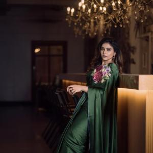 Anjali in Elegant Green Satin Saree with Floral Embroidery | Stunning Actress Look