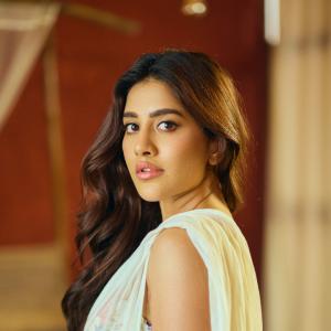 Actress Nabha Natesh Stuns in Elegant Floral Saree Look with Natural Glam Makeup