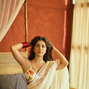 Actress Nabha Natesh Stuns in Elegant Floral Saree Look with Natural Glam Makeup