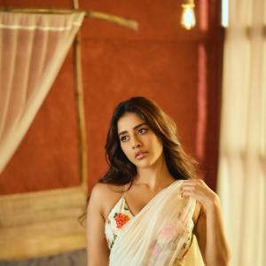 Actress Nabha Natesh Stuns in Elegant Floral Saree Look with Natural Glam Makeup