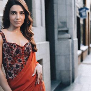 Actress Samantha Shines in an Elegant Orange Saree with Embroidered Blouse