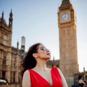 Raai Laxmi Stuns in Red Dress During Her London Visit Near Big Ben