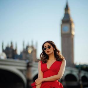 Raai Laxmi Stuns in Red Dress During Her London Visit Near Big Ben
