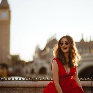 Raai Laxmi Stuns in Red Dress During Her London Visit Near Big Ben
