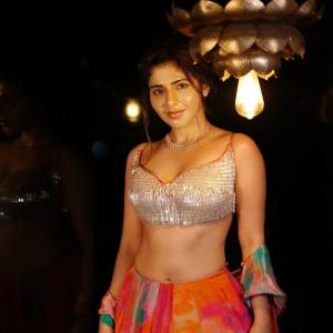 Ishwarya Menon Looks Stunning in Shimmer Blouse and Colorful Lehenga