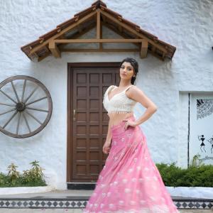 Yashika Anand Turns Heads in Pearl Blouse and Pink Lehenga Look
