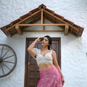 Yashika Anand Turns Heads in Pearl Blouse and Pink Lehenga Look