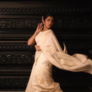 Anupama Parameswaran Exudes Elegance in Cream Saree with Floral Embroidery