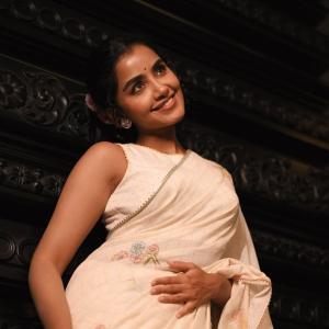 Anupama Parameswaran Exudes Elegance in Cream Saree with Floral Embroidery