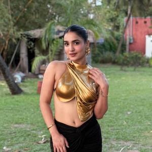 Actress Saniya Iyyappan in Elegant Blue Saree and Trendy Golden Outfit | Stylish Looks