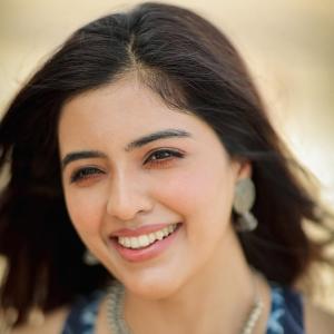 Amritha Aiyer Beautiful Beach Look in Blue and White Ethnic Outfit