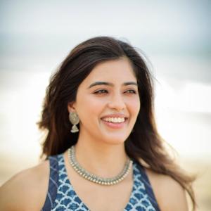 Amritha Aiyer Beautiful Beach Look in Blue and White Ethnic Outfit