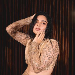 Kayadu Lohar Stuns in Beige Embellished Outfit – Glamorous Fashion Look