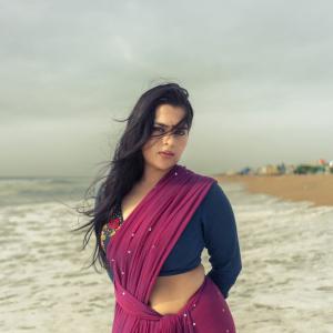Kavya KalyanRam in Maroon Saree by the Beach | Graceful Ethnic Look