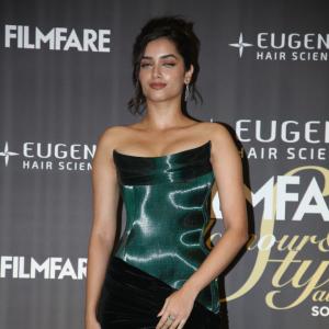 Bhagya Sri Borse Stuns in Metallic Green and Black Velvet at Filmfare Event